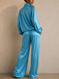 Women 2pcs Trendy Shiny Zip Up Top Wide Leg Pants Tracksuit Set