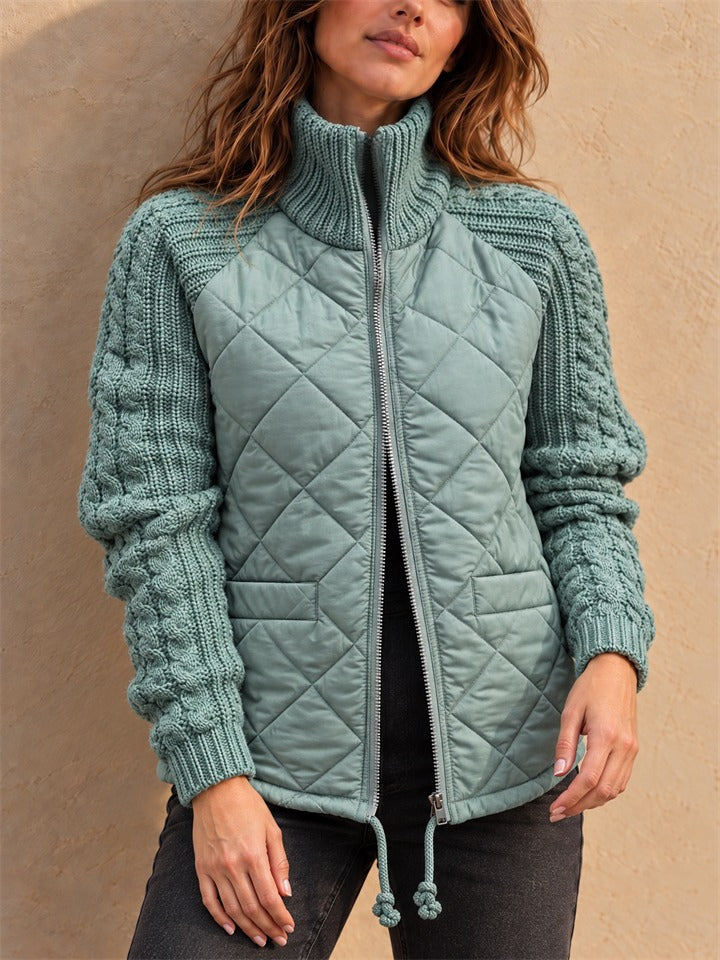 Women Quilted Knit Sleeve Jacket Zip Up Stand Collar Winter Coat
