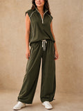 Women Olive Half Zip Sleeveless Top and Wide Leg Cargo Pants Set