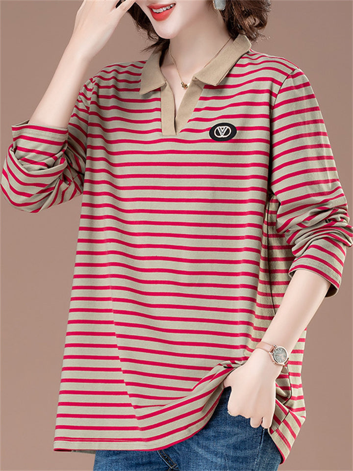 Women's Loose Cotton Stripe Lapel Long Sleeve Shirts