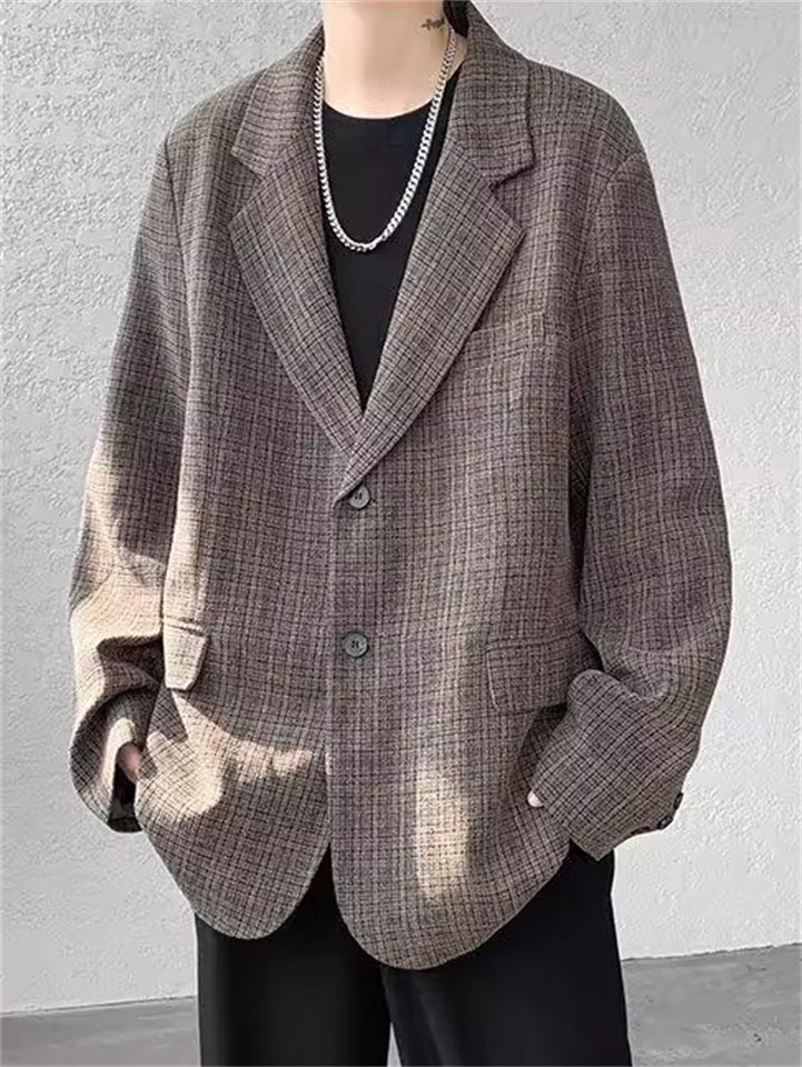 Men's Retro Loose Long Sleeve Single Breasted Plaid Suit Jacket