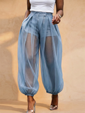 Women High Waist Sheer Mesh Lantern Pants Pleated with Shorts