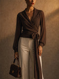 Women's Brown Wrap Blouse Elegant Tie Waist Office Style Top