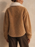Women Stylish Button Down Faux Fur Collar Pockets Teddy Jacket