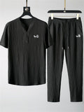 Men's 2Pcs Cool Texture Embroidered Short Sleeve Solid Color Outfits