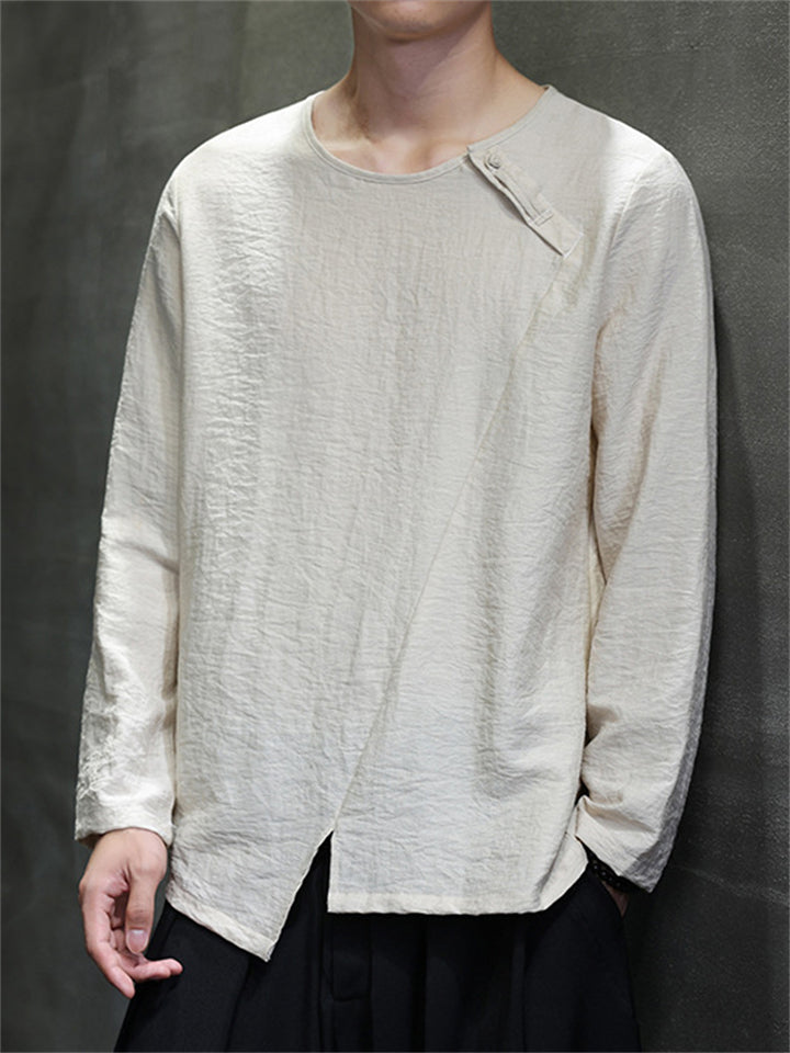 Men's Retro Solid Color Comfy Long Sleeve Round Neck Shirt