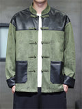 Men's Chinese Style PU Leather Suede Patchwork Tangsuit Jacket with Calligraphy Print