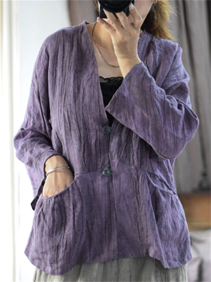 Women's Vintage V-Neck Loose Linen Texture Long Sleeve Shirts