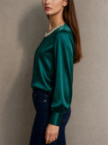 Women Faux Pearl Neck Long Sleeve Top Satin Blouse