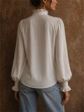Women's White Elegant V Neck Vintage Lantern Sleeve Ruffle Blouse