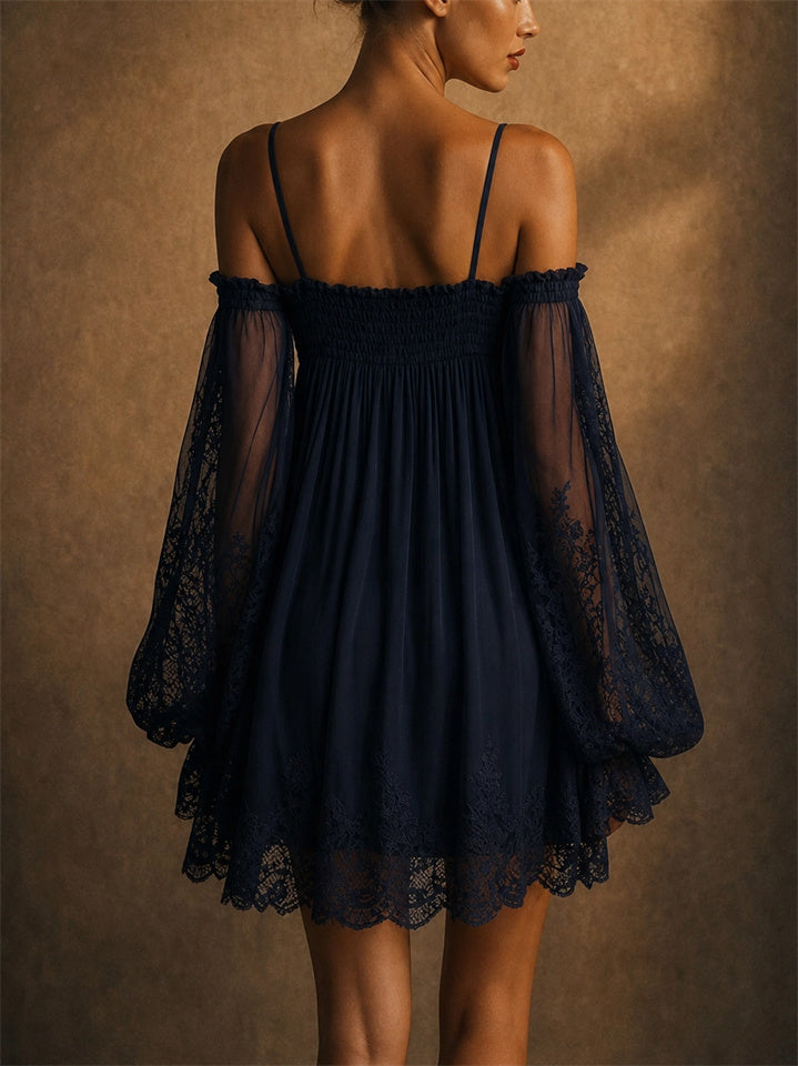 Women Sexy Lace Off Shoulder Puff Sleeve Mini Dress
