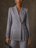 Women Rhinestone Double Breasted Slit Hem Blazer Jacket