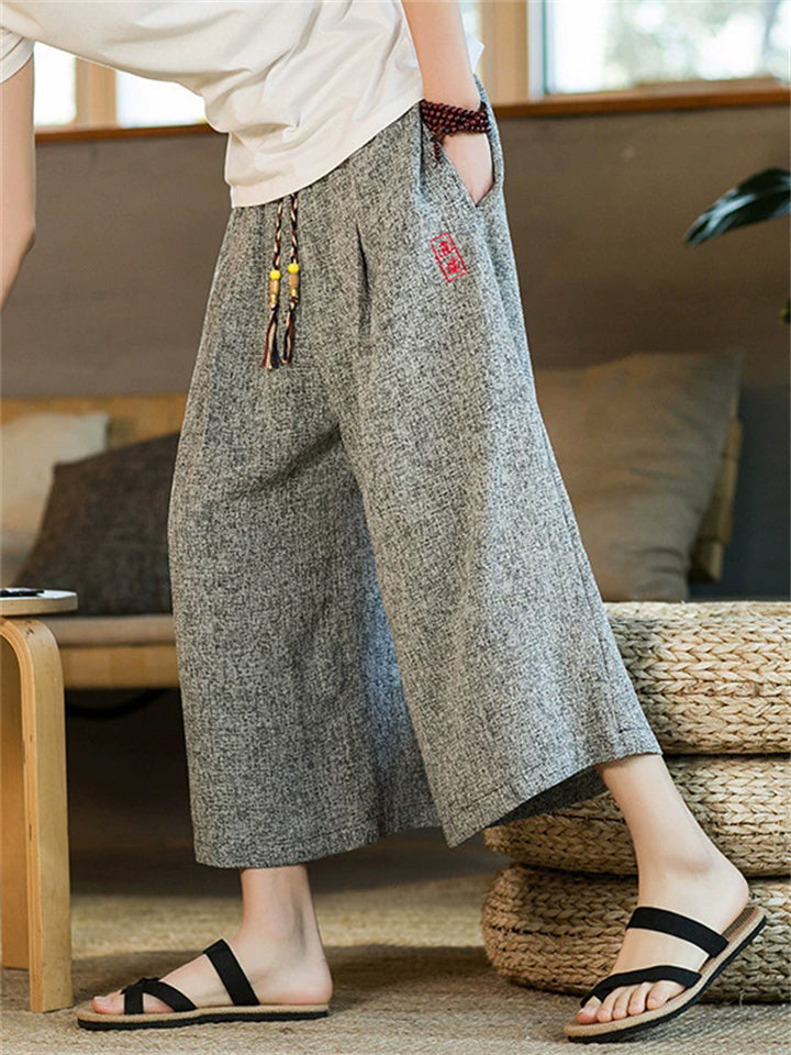 Men's Loose Fit Chinese Style Linen Blend Wide Leg Capri Pants