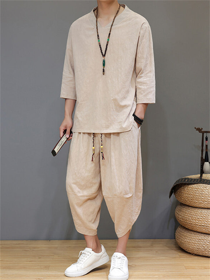 Men's 2Pcs Retro Chinese Style Casual Solid Color 3/4 Sleeve V Neck Outfits