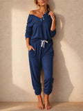 Women Viscose Lounge Set Button Down Off Shoulder Top Drawstring Pants
