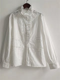 Women's Elegant Autumn Cotton Striped Hollow Stand Collar Long Sleeve Shirts