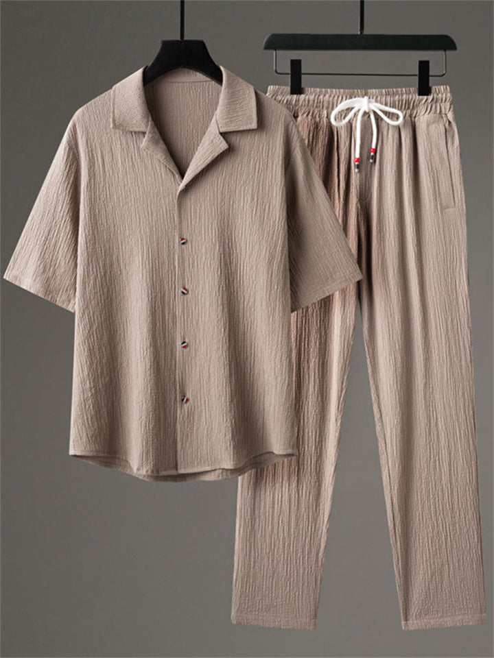 Men's 2Pcs Summer Casual Comfy Button Up Lapel Solid Color Outfits