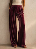 Women Velvet Wide Leg Pants Drawstring High Waist Casual Trousers