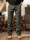 Men's Autumn Outdoor Cotton Drawstring Loose Fit Cargo Pants with Multi-Pockets