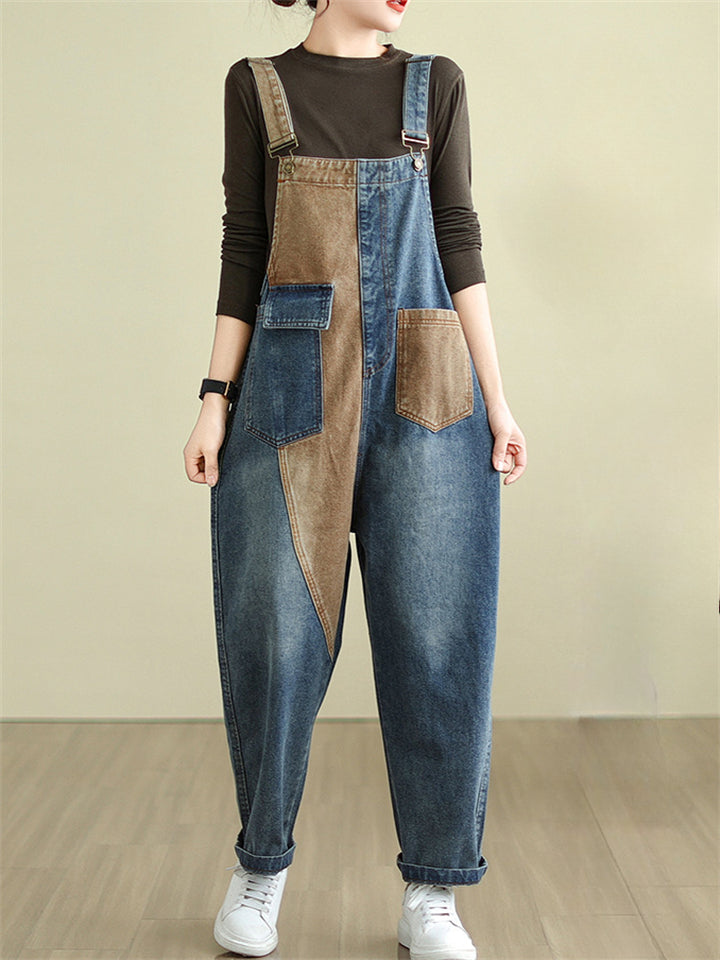 Women's Contrast Color Pockets Loose Overall Denim Jumpsuits