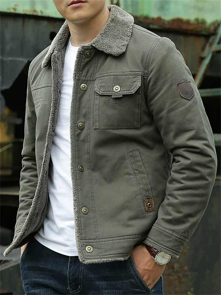 Men's Winter Fleeced Solid Color Lapel Pockets Cargo Coats
