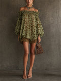 Women's Lantern Sleeve Polka Dot Off Shoulder Lace Trim Mini Dress
