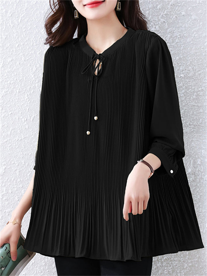 Women's Casual Solid Color Pleated Long Sleeve Shirts