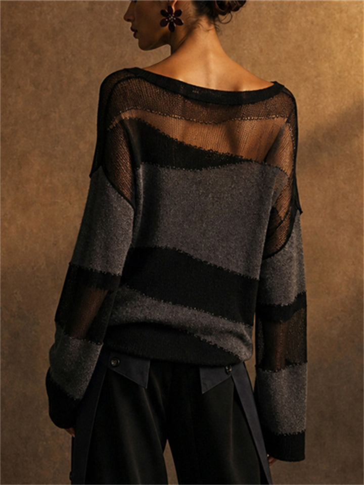 Womens Grunge Style Striped Sheer Mesh Knit Long Sleeve Sweater