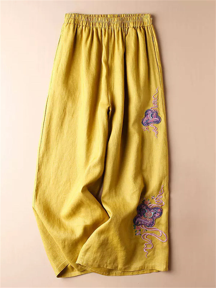 Women's Simple Comfy Ethnic Style Embroidered Wide Leg Pants