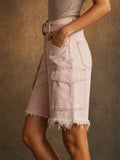 Women Pink High Waisted Frayed Hem Belt Denim Cargo Shorts