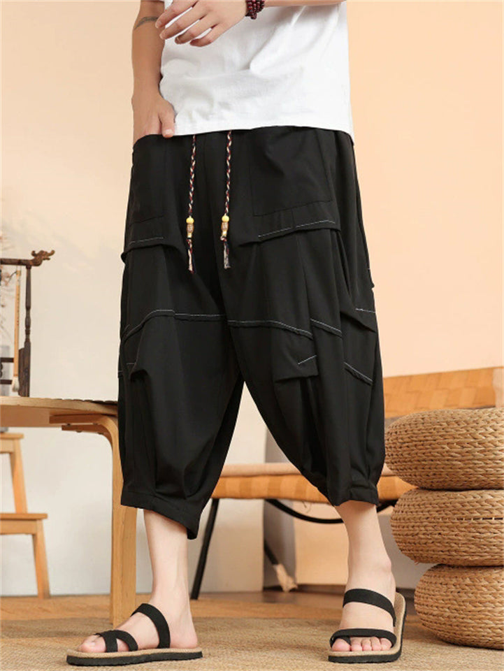 Men's Black Stylish Chinese Style Baggy Lantern Capri Pants