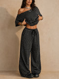 Womens Two Piece Striped Off Shoulder Top and Wide Leg Pants Set