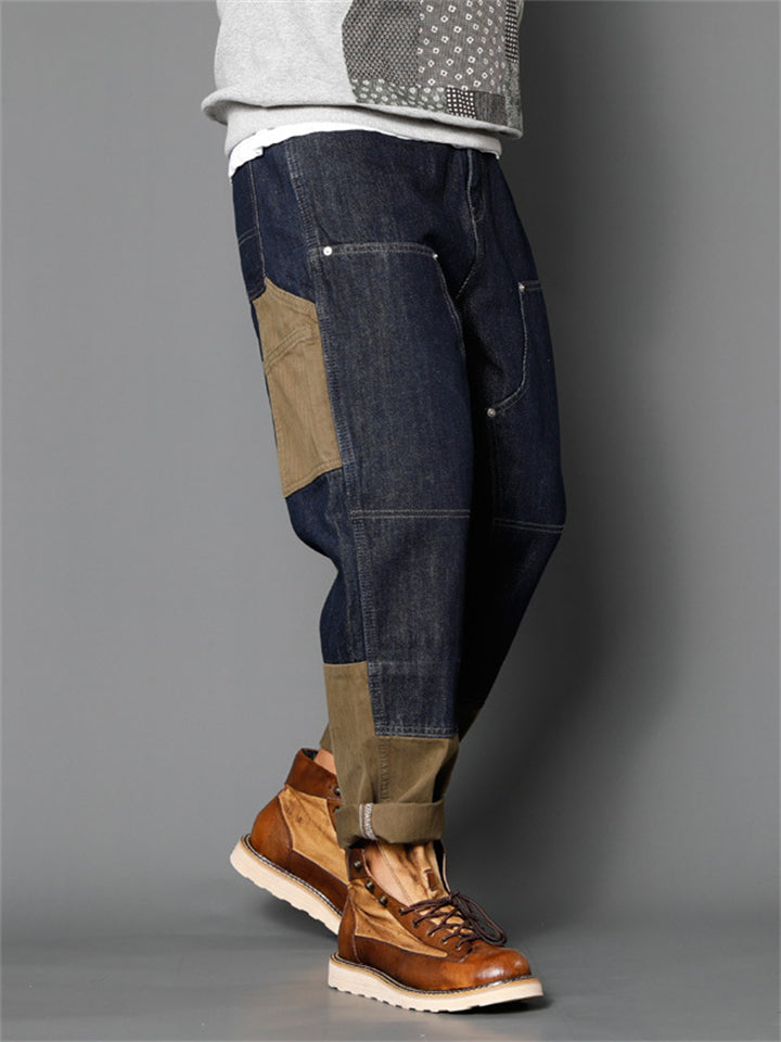 Male Trendy Multi-pocket Splicing Contrast Color Jeans