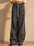 Women Leopard Print Wide Leg Pants Drawstring Side Stripe Trousers