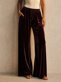 Women Velvet Wide Leg Pants Drawstring High Waist Casual Trousers