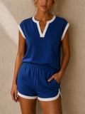 Womens Casual Contrast Trim V Notch Neck Shorts 2pc Set