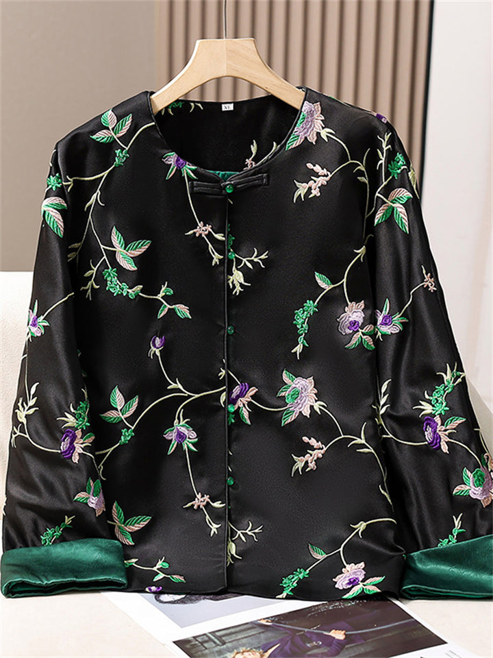 Women's Chinese Style Flowers Embroidery Long Sleeve Shirts