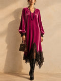 Women Velvet V Neck Lace Trim Long Sleeve Loose Fit Midi Dress