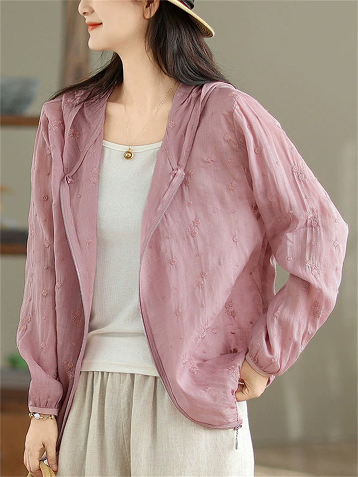 Women's Summer Embroidered Solid Color Long Sleeve Hooded Shirt