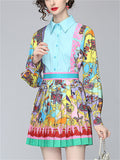 Women's 2Pcs Blue Contrast Color Print Lapel Shirt & Pleated Skirt Set