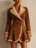 Women Vintage Faux Suede Coat Shearling Trim Button Front Winter Coat