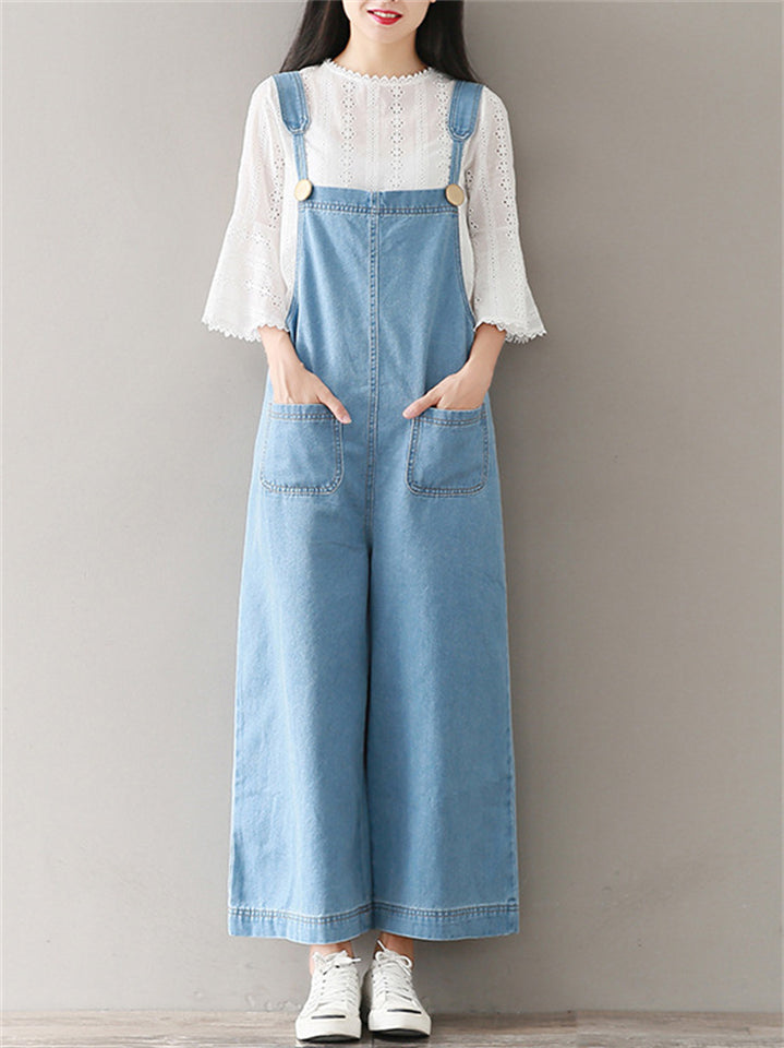 Female Solid Color Wide Leg Demin Overall Cropped Jumpsuits
