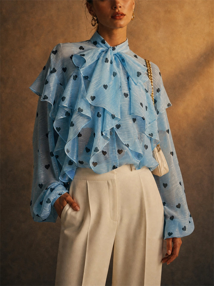 Women French Style Polka Dots Heart Print Ruffle Lantern Sleeve Blouse