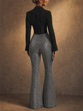 Women's Black Corset Blazer Silver Rhinestone Flare Pants Set