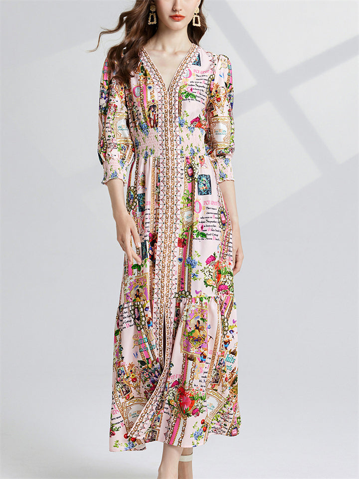 Women's Elegant V Neck 3/4 Sleeve Letter Floral Print Dress