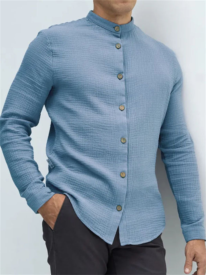 Men's Solid Color Texture Long Sleeve Stand Collar Shirts