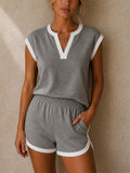 Womens Casual Contrast Trim V Notch Neck Shorts 2pc Set