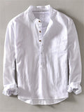 Men's Solid Color Cotton Linen Stand Collar Pullover Long Sleeve Shirts