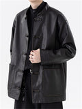 Men's Chinese Style Faux Leather Loose Fit Mandarin Collar Jackets