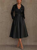 Women Elegant Satin Wrap V Neck High Waisted A Line Midi Dress